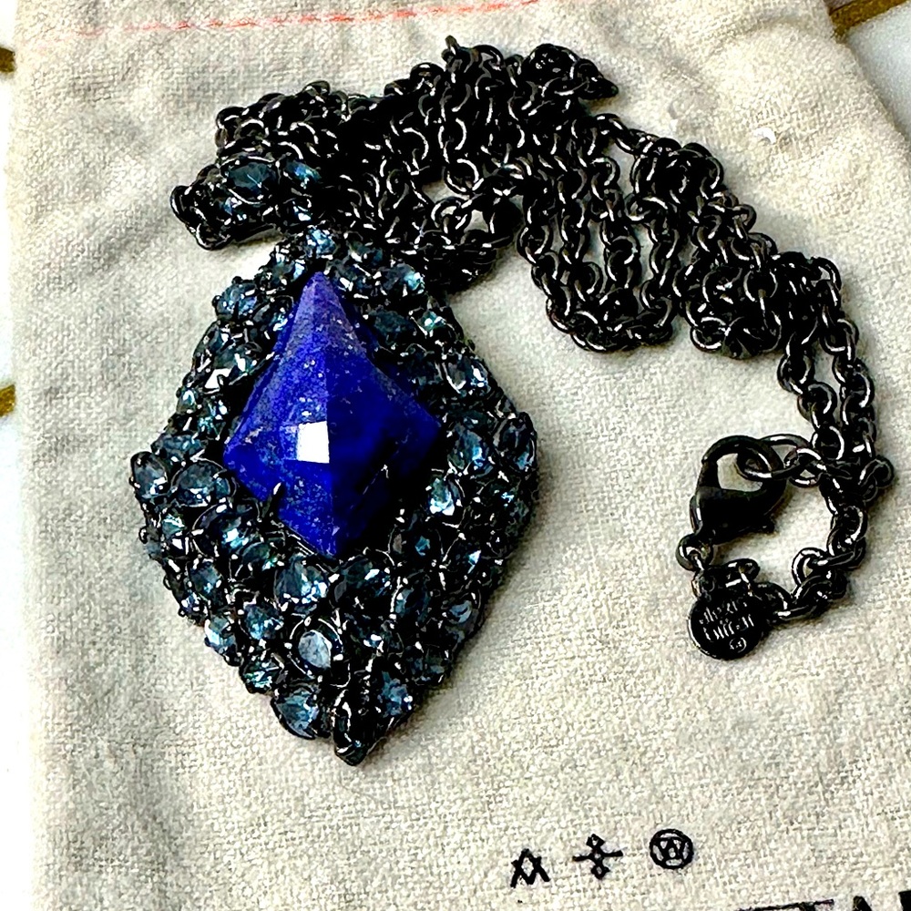 Gorgeous Alexis Bittar lapis & Swarovski encrusted pendant set in gunmetal.